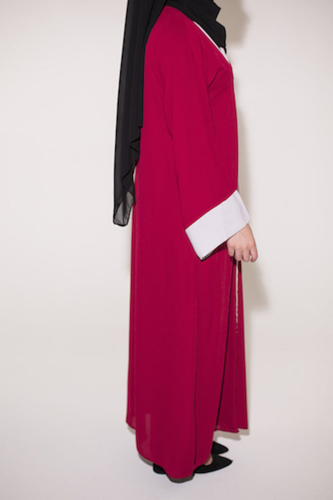 Two Tone Open Abaya - Red With Off White Trim - Arman Hussain Studio