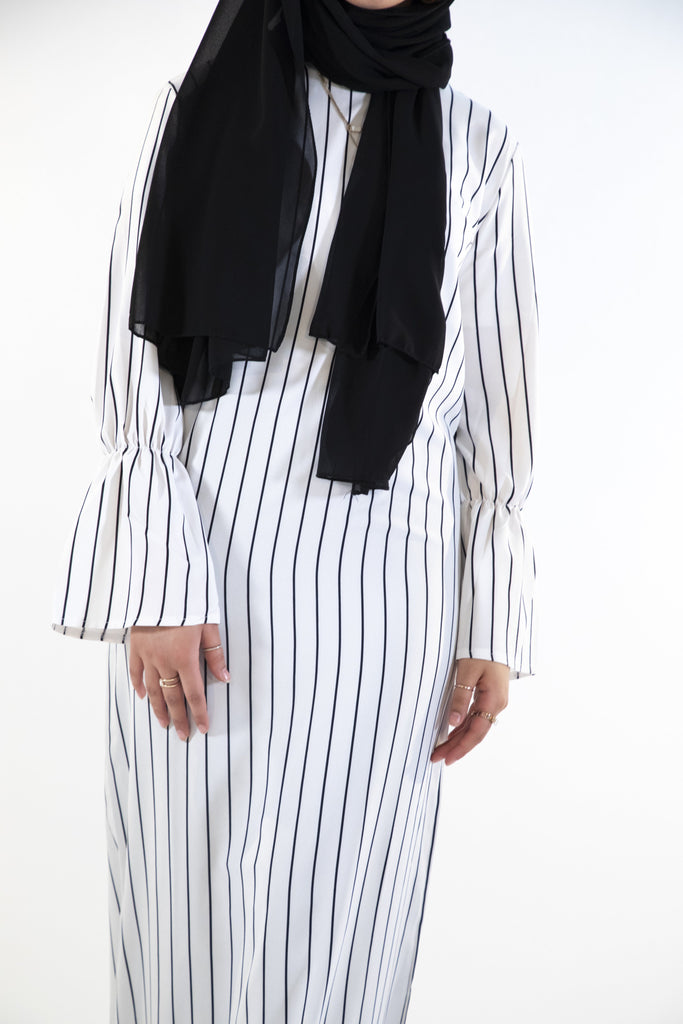 Pinstripe Dress with Belt - White - Arman Hussain Studio