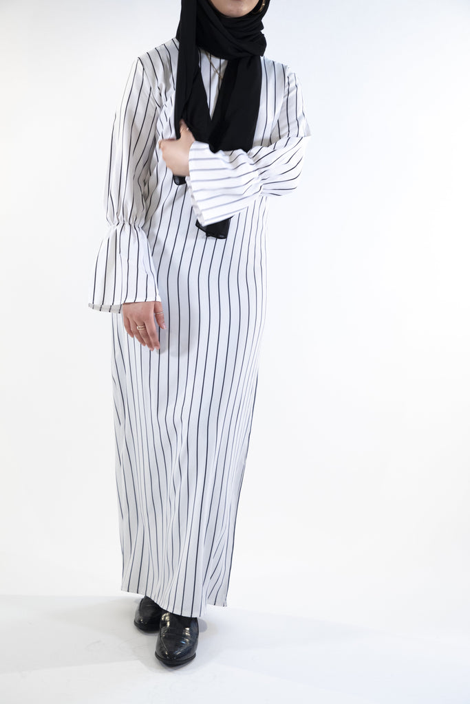 Pinstripe Dress with Belt - White - Arman Hussain Studio