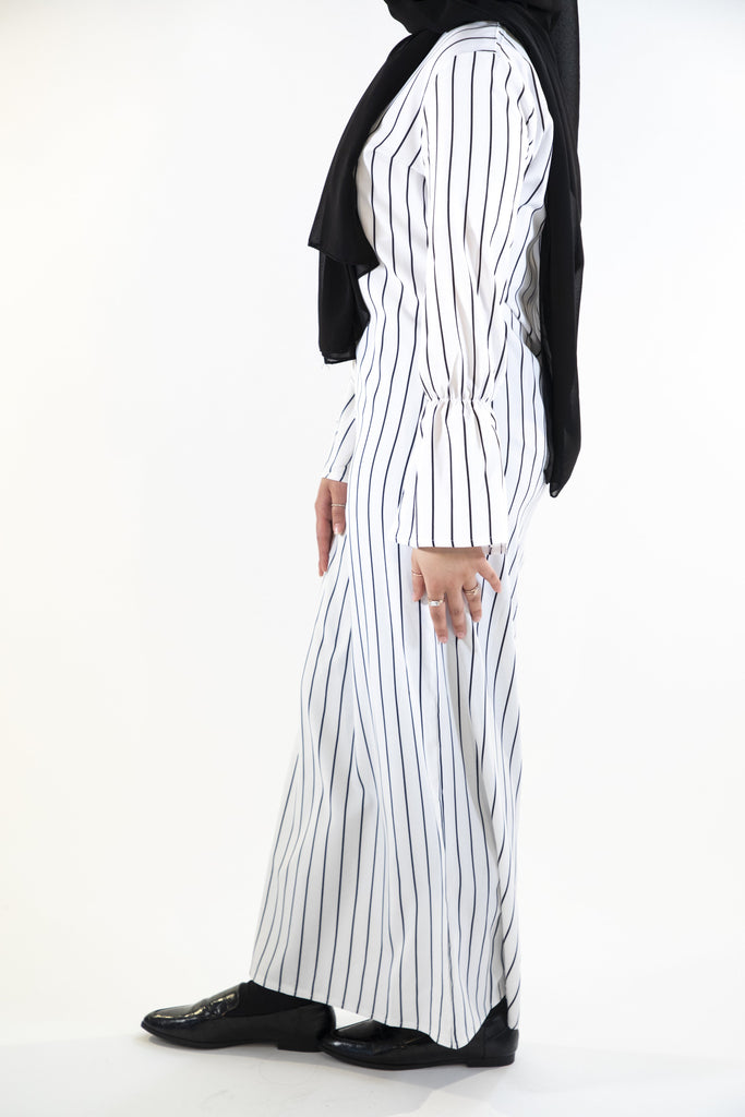 Pinstripe Dress with Belt - White - Arman Hussain Studio