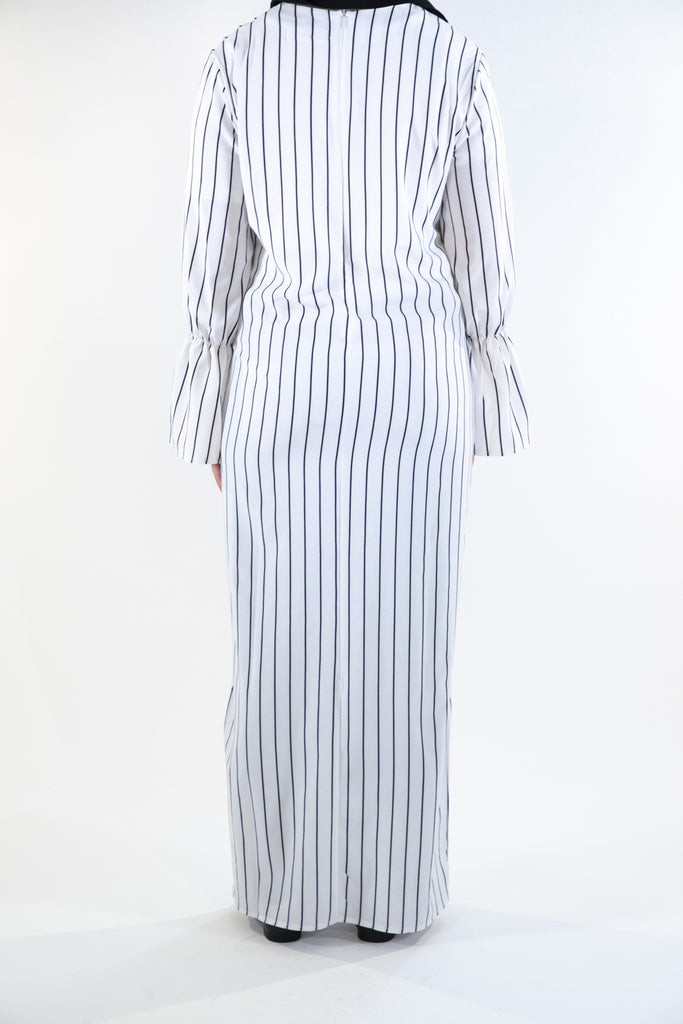 Pinstripe Dress with Belt - White - Arman Hussain Studio