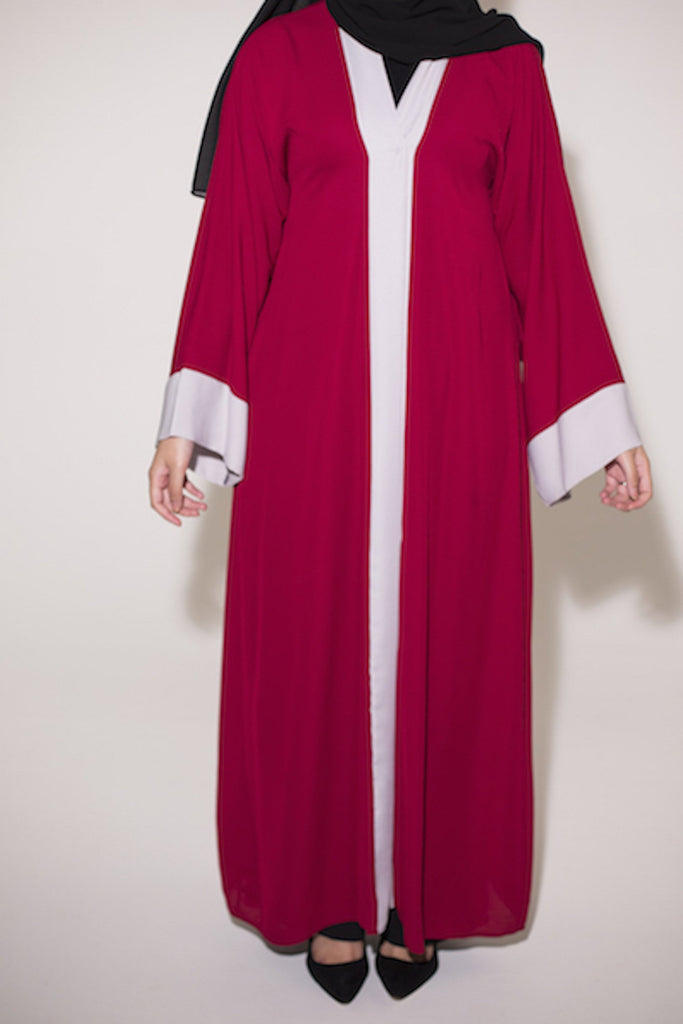Two Tone Open Abaya - Red With Off White Trim - Arman Hussain Studio